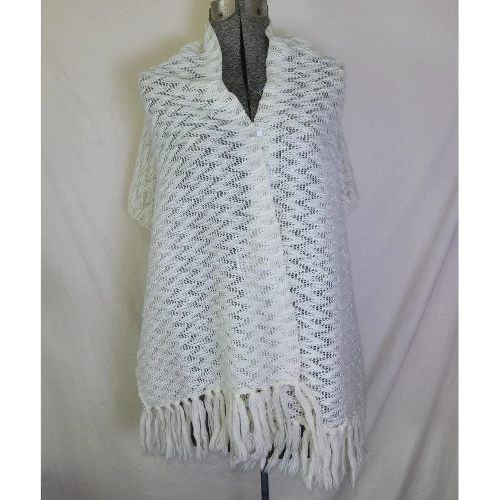Vintage 60s 70s Glentex Wool Scarf Large Knit Fringe White Ivory Unique Chevron‎